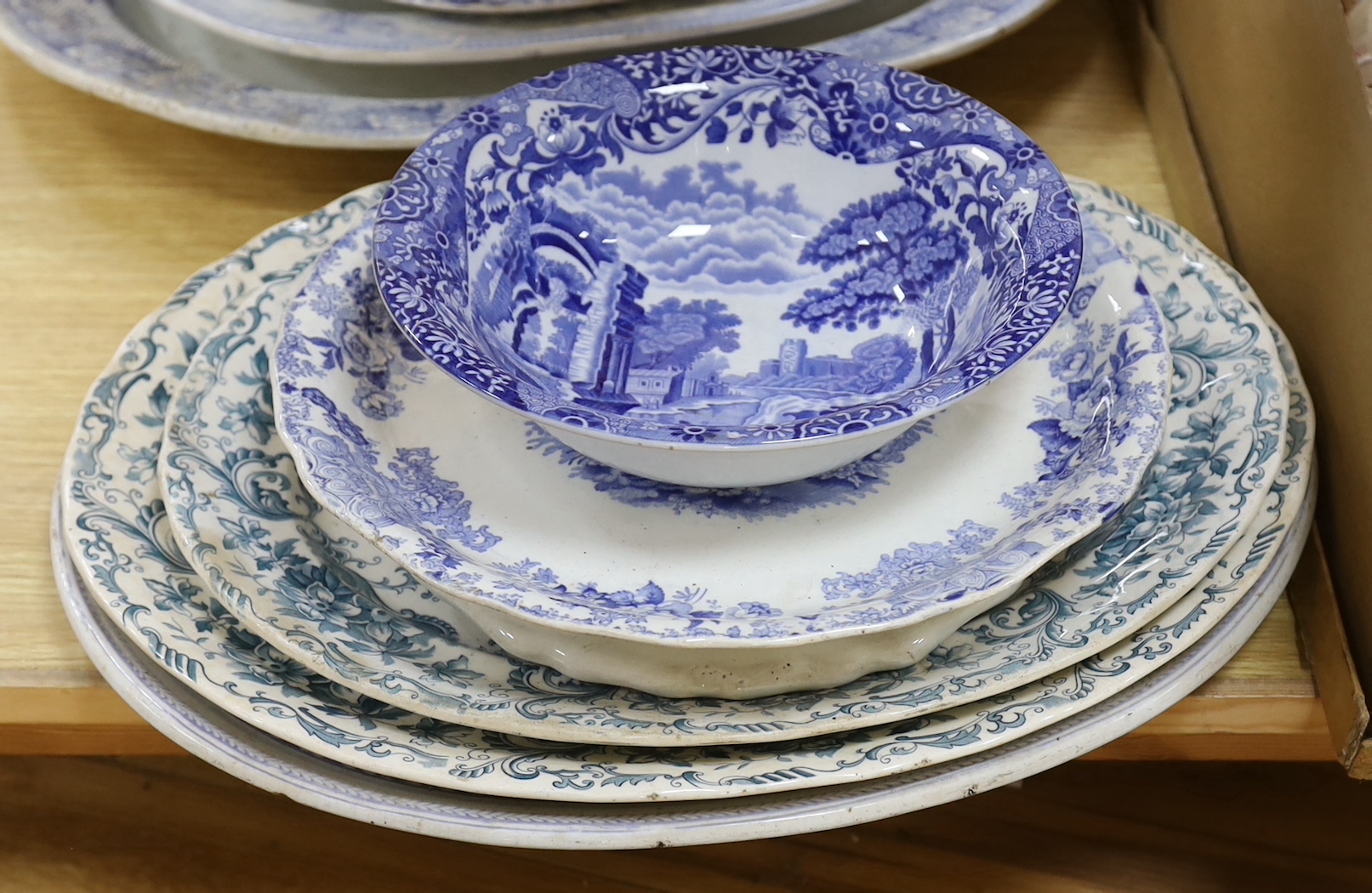 A group of 19th century blue and white dishes, and a soup tureen, cover and stand by Copeland Spode, etc (8)